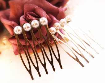 Hair comb with pearls, silver or bronze colored,