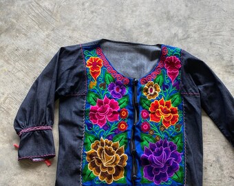 Florecitas Jean Blouse/ Embroidered Blouse/ Flower Blouse