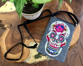 Calavera Crossbody Bag/ Small Crossbody Bag/ Boho Bag/ Calavera Bag/ Beaded Calavera Bag/Day Of The Dead Bag