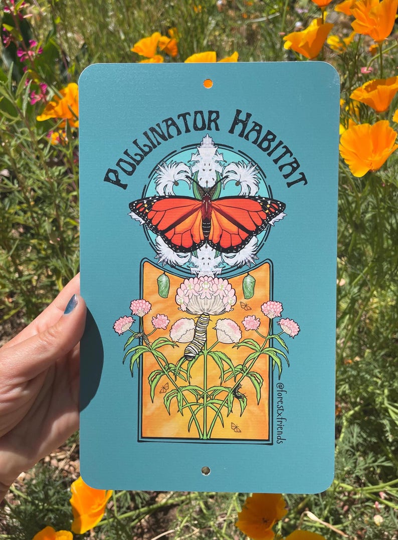 Puede incluir: Un letrero met&aacute;lico turquesa con las palabras "Pollinator Habitat" y un gr&aacute;fico de una mariposa monarca. El letrero tambi&eacute;n presenta ilustraciones de una oruga, una cris&aacute;lida y flores. El letrero est&aacute; sostenido por una persona.