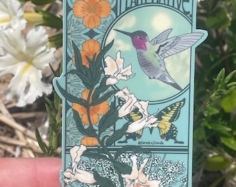 Pegatina de plantas autóctonas con colibrí y mariposa, plantas nativas de California, estilo Art Nouveau / Vinilo