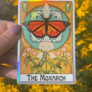 Monarch Butterfly Tarot Oracle Card Sticker, Art Nouveau Style Oracle card on Holographic Vinyl, Large 4” Magical Witch Sticker