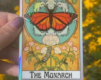Pegatina de carta oráculo del tarot de la mariposa monarca, carta oráculo estilo Art Nouveau en vinilo holográfico, pegatina grande de bruja mágica de 10 cm.