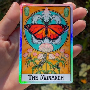 Carta de Tarô da Borboleta Monarca com Adesivo Holográfico Grande | Borboleta Nativa da Califórnia e Oregon, Amante da Natureza para Laptop ou Garrafa de Água