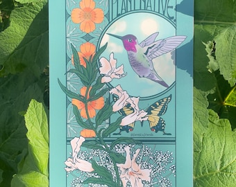 Plant Native Aluminum Garden Sign, Art Nouveau Pollinator Decor