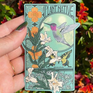 May include: A rectangular sticker with a teal background featuring the text PLANT NATIVE. The design includes a pink-throated hummingbird in flight, a yellow and black butterfly, orange flowers, and white blossoms in a decorative art style.