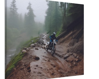 Arte mural de motos de cross / Sendero para motos todoterreno bajo la lluvia / Regalo para motociclistas todoterreno / Impresión en lienzo
