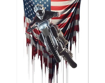 Póster de la bandera estadounidense de Dirt Bike: arte mural de motocross para entusiastas del todoterreno y Dirt Bike patriótico