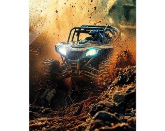 May include: A black and green off-road vehicle drives through a dirt path, kicking up mud and dust. The vehicle has a roll cage and a driver wearing a helmet.