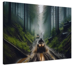 Paseo en cuatriciclo todoterreno / Conducción en motocicleta todoterreno 4x4 por senderos de barro / Arte de pared de regalo para motociclistas / Impresión en lienzo