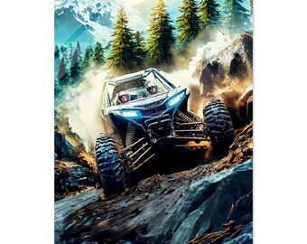 May include: A blue off-road vehicle drives through a rocky, mountainous terrain. The vehicle is kicking up dust and dirt as it navigates the challenging landscape. The background features a snowy mountain range and a lush forest.