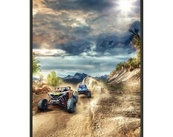 Póster de conducción lado a lado / ATV UTV Offroad SXS Trail Riding / Impresión de fantasía todoterreno / Póster clásico enmarcado en papel mate de metal