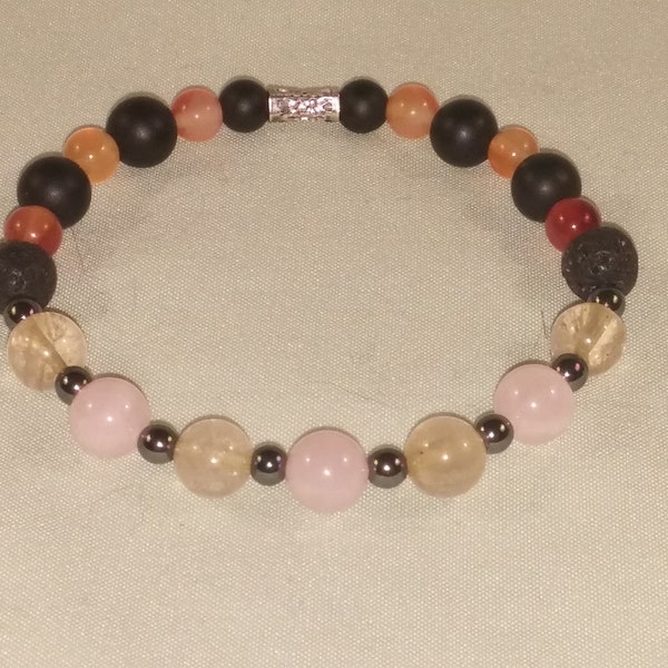 HAPPILY Bracelet, Love & Joy, Uplifting energy, Crystal bracelet, Gemstone Bracelet, Rose Quartz / Citrine / Carnelian / Smoky Quartz / Onyx