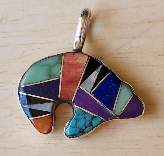 Rare Vintage Native American Navajo Inlay Turquoise Sugulite Jet Sterling Silver Bear Pendant Rare Vintage Native American Navajo Inlay Turquoise Sugulite Jet Sterling Silver Bear Pendant