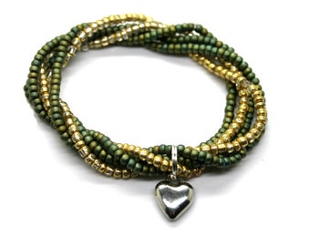 Green Gold Bracelet - Elastic Stretch - Multi Strand
