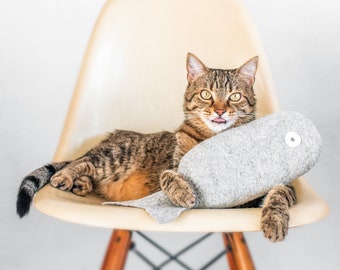 Jumbo Organic Catnip Fish Toy: Felted Wool Kicker, Light Gray