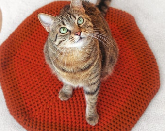Chunky Wool Crochet Cat Mat: Orange & Red Pet Bed