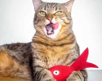 Organic Catnip Fish Toy: Red Felted Wool Cat Kicker, Valerian Option