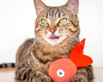 Organic Catnip Goldfish Toy: Coral Orange Felted Wool Cat Kicker, Valerian Option