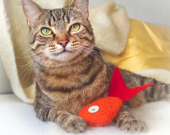 Organic Catnip Fish Toy: Orange And Red Felted Wool Cat Kicker, Valerian Option
