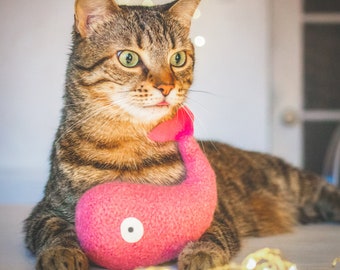Felted Wool Whale Cat Toy: Organic Catnip Kicker, Bright Rose Pink