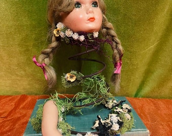 Handmade Antique Doll on Spring and Book Weird Oddity Art