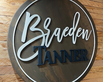 Nursery name sign, above crib sign, round name sign, custom name sign, boy name sign, boy nursery sign, nursery decor, baby name sign
