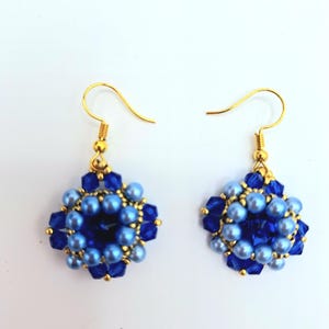 Blue Beaded Pearl Dangle Drop Earrings, Blue With Gold Accent Earrings For Women, Beaded Rivoli Crystal Earrings, Blue Jewelry For Women
