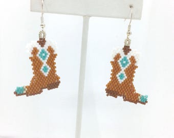 Cowgirl Boot Beaded Earrings, Western Style, Brown White Turquoise, Hand Beaded