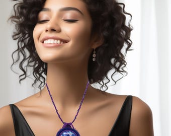 Beaded Cabochon Pendant Necklace: Purple Indigo Beadwork, Handmade