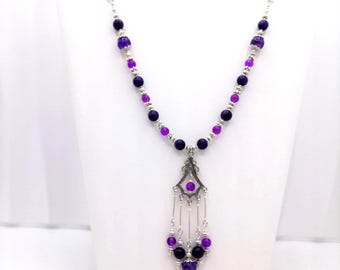 Purple Beaded Dangle Drop Charm Necklace: 24" Chain