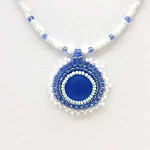 Beadwork Pendant, Beaded Embroidery Pendant Necklace, Blue Round Pendant Necklace, Blue Lunar Beaded Pendant Necklace, Cabochon Beaded