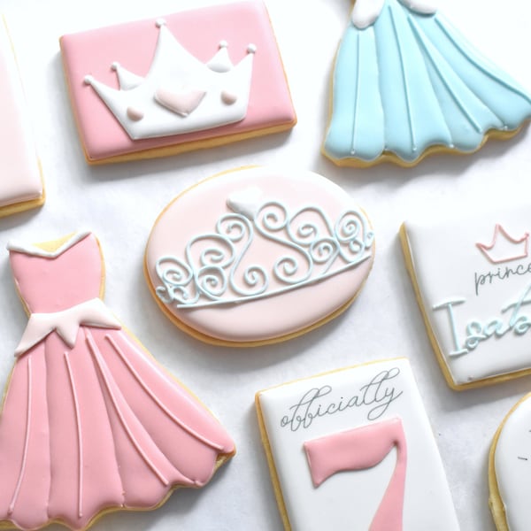 Pink & Blue Princess Birthday Party Royal Icing Sugar Cookies - Regular, Vegan/GF/Gluten-Free Vegan Friendly Options - Individually Wrapped