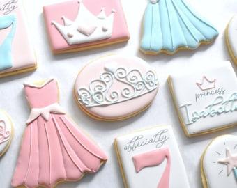 Pink & Blue Princess Birthday Party Royal Icing Sugar Cookies - Regular, Vegan/GF/Gluten-Free Vegan Friendly Options - Individually Wrapped