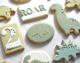 Green Dinosaur Birthday/Baby Shower Royal Icing Sugar Cookies - Regular, Vegan/GF/Gluten-Free Vegan Friendly Options - Individually Wrapped