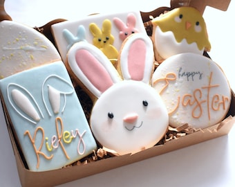 Customizable 6 Piece Easter Royal Icing Cookie Gift Box (2 mini 4 reg sized) - Regular, Vegan/Gluten-Free/Gluten-Free Vegan Friendly Options