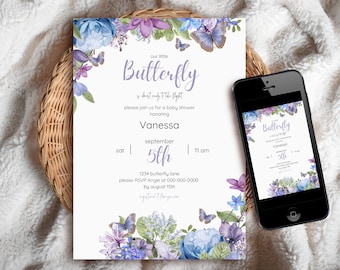 Editable Floral Lavender/Blue/Purple/Violet Butterfly Baby Shower Invitation - Printable Invite / Electronic Mobile Evite