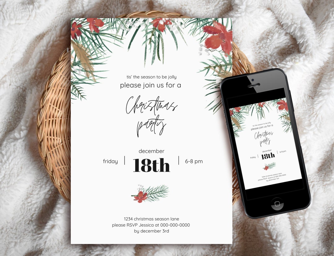 Editable Floral/evergreen Christmas/holiday Party Invitation Printable ...