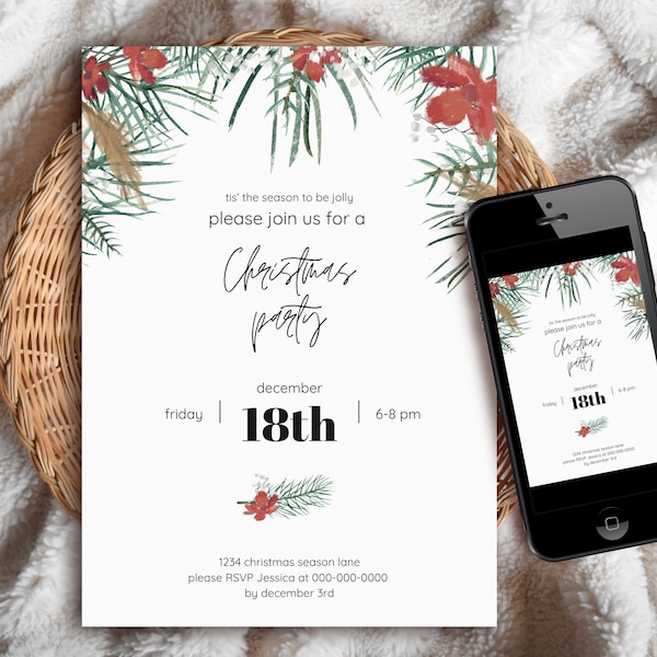 Editable Floral/Evergreen Christmas/Holiday Party Invitation - Printable Invite / Electronic Mobile Evite