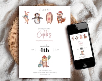 Editable Holiday/Christmas/Winter Animal Birthday Invitation - Printable Invite / Electronic Mobile Evite