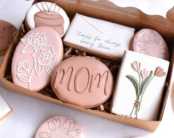 Will not arrive before mother's day (booked thru may 24) Customizable 6 Piece Mother's Day Royal Icing Cookie Gift Box (2 mini 4 reg sized)