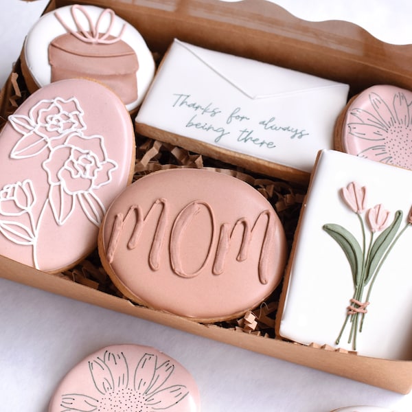 Customizable 6 Piece Mother's Day Royal Icing Cookie Gift Box (2 mini 4 reg sized) Regular/Gluten-Free/Vegan/Gluten-Free Vegan Options