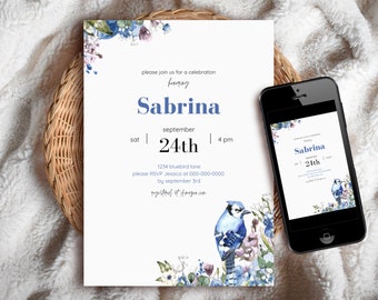 Editable Blue & Purple Floral Bluebird Birthday/Baby Shower Invitation - Printable Invite / Electronic Mobile Evite