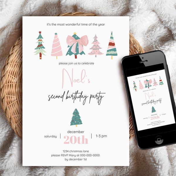 Editable Pink Holiday/Christmas Birthday Invitation - Printable Invite / Electronic Mobile Evite