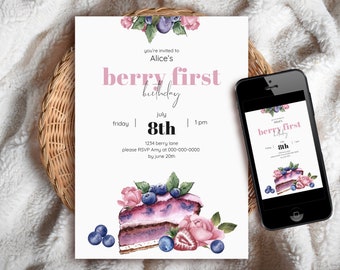Editable Sweets & Florals Themed Berry First Birthday Invitation - Printable Invite / Electronic Mobile Evite