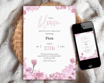 Editable Pink Floral Cherry Blossom/Sakura Baby In Bloom Baby Shower Invitation - Printable Invite / Electronic Mobile Evite