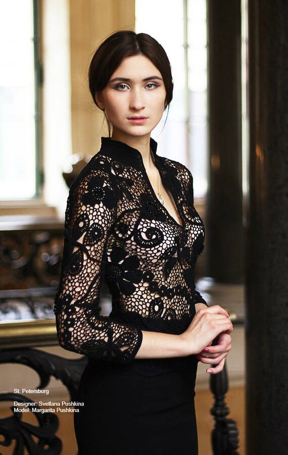 Irish crochet black dress for photo shoot Blouse | Etsy