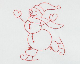 Skating Snowman Embroidery Design 5x5'' Hoop Redwork Christmas
