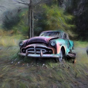 May include: A vintage car, painted in shades of teal and purple, is parked in a grassy field. The car is surrounded by trees and foliage, creating a dreamy, ethereal atmosphere.