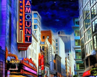 May include: A vibrant digital painting of a city street at night featuring a tall, illuminated vertical sign that reads PARAMOUNT in red letters. The scene includes a theater marquee, multi-story buildings, and a motorcycle driving down the road.